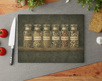 Rustic Pantry Shelf Art, Vintage Spice Jar Glass Board, Kitchen Organization Decor, Dried Herb Storage Print