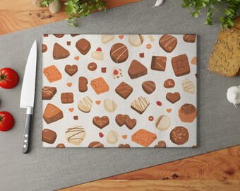 Decorative Counter Protector for Kitchen, Chocolate Themed Glass Cutting Board, Heat Resistant Trivet & Serving Platter, Non-Slip Surface