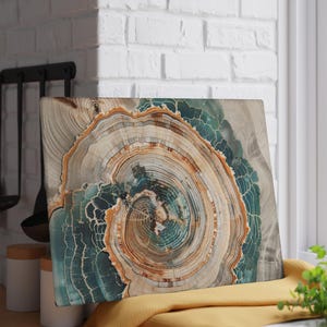 Abstract Nordic Tree Ring Glass Cutting Board, Swirling Teal & Rust Wood Art, Scandi Nature Print Platter, Rustic Modern Kitchen Decor