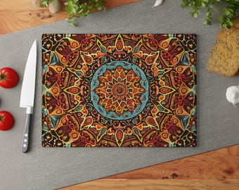 Cutting Board, Mandala Design, Ceremonial Kitchen Art, Fiery Orange Gold Red, Serving Platter, Food Prep Surface