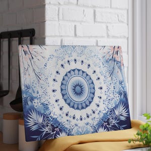 Tabla de cortar de vidrio templado, diseño de mandala azul sereno, decoración de cocina, bandeja para servir, tabla de cortar para preparar alimentos, accesorio botánico