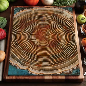 May include: A wooden cutting board with a tree ring design. The board is rectangular with a dark brown border and a light brown and orange center. The board is surrounded by fresh produce, including tomatoes, broccoli, and oranges.