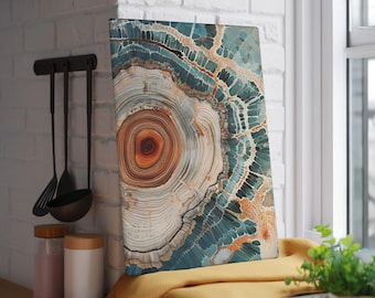 Teal & Copper Brown Glass Cutting Board, Abstract Dendrochronology Art, Nordic Tree Ring Tray, Blue Green and Rust Wood Grain Nature Print