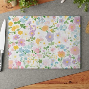 Painterly Flower Glass Cutting Board, Cute Kawaii Chopping Board, Pastel Garden Kitchen Decor, Artistic Food Prep Board, Housewarming Gift