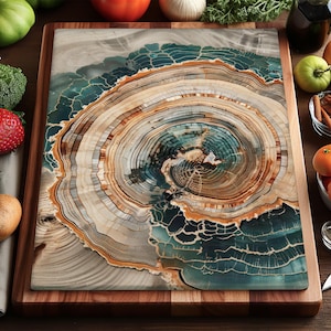 May include: A square wooden cutting board with a unique design resembling tree rings. The center features concentric circles in shades of brown, beige, and teal. The board is surrounded by a wooden frame and is displayed with fresh produce, including tomatoes and oranges.