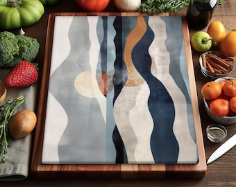 Planche à découper minimaliste scandinave en verre, décoration de cuisine art nordique simple, impression nature bleu et gris doux, plateau de service Hygge Vibe