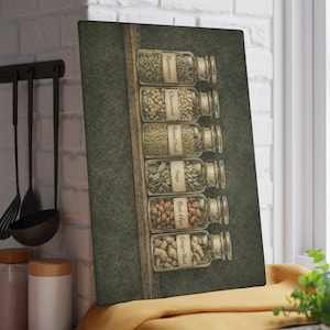 Può includere: Un tagliere rettangolare con un'illustrazione vintage di vasetti di spezie. I vasetti sono etichettati con nomi come "Rosmarino" e "Radice di zenzero". Lo sfondo è verde tenue e i vasetti sono disposti verticalmente.