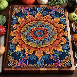 Kitchen Art Serving Platter, Mandala Cheese Board, Tempered Glass Countertop Protector, Ornate Gold Orange Blue Purple Design, Food Prep