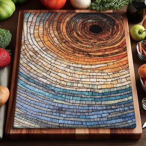 May include: A rectangular wooden cutting board with a mosaic-style design in shades of brown, orange, and blue. The board is surrounded by fresh produce, including tomatoes, oranges, and green vegetables. A knife is also present.