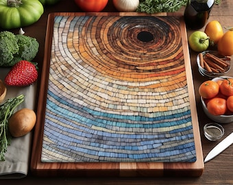 Kitchen Counter Decor Glass Cutting Board with Nordic Tree Ring Art, Scandinavian Style Serving Platter for New Home, Unique Hostess Gift