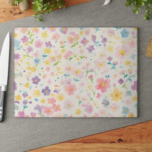 Painterly Flower Glass Cutting Board, Cute Kawaii Chopping Board, Pastel Garden Kitchen Decor, Artistic Food Prep Board, Housewarming Gift