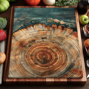 May include: A wooden cutting board with a unique design. The center features a cross-section of a tree trunk, showcasing concentric rings in shades of brown and orange. The top edge has a teal-colored resin. The board is surrounded by a dark wood frame.