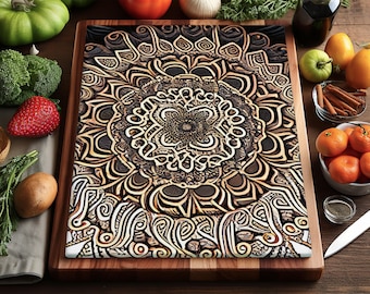 Tabla de cortar estética, tabla de cortar de vidrio con mandala tribal, arte de cocina de vidrio templado, bandeja para servir de bronce beige, protector de encimera