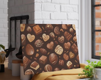 Tabla de cortar de vidrio con temática de chocolate, decoración de cocina gourmet, elegante protector de encimera, tabla de charcutería única, regalo para amantes de la comida y la repostería.
