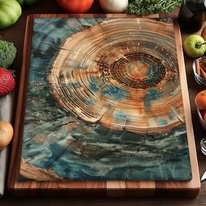 May include: A rectangular wooden cutting board with a unique design. The center features a cross-section of a tree trunk with concentric rings in shades of brown, orange, and blue. The board is surrounded by a darker wood frame.