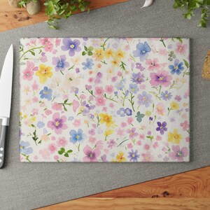 Painterly Flower Glass Cutting Board, Cute Kawaii Chopping Board, Pastel Garden Kitchen Decor, Artistic Food Prep Board, Housewarming Gift