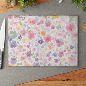 Painterly Flower Glass Cutting Board, Cute Kawaii Chopping Board, Pastel Garden Kitchen Decor, Artistic Food Prep Board, Housewarming Gift