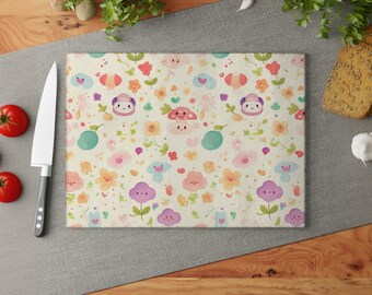 Counter Protector, Floral Glass Trivet & Hot Plate, Heat Resistant Serving Platter, Pastel Kitchen Counter Saver, Non-Slip Chopping Board