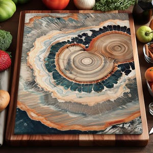 May include: A rectangular wooden cutting board with a unique design. The center features a circular pattern in shades of blue, brown, and cream, resembling tree rings. The board is surrounded by a wooden frame, and various fruits and vegetables are arranged around it.