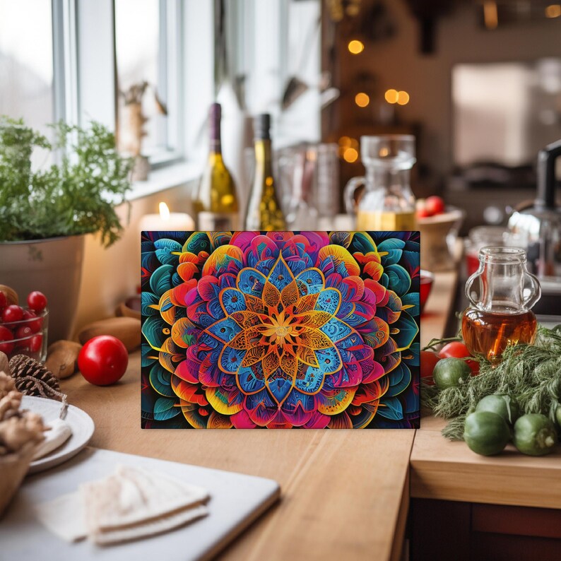 Tempered Glass Cutting Board, Radiant Mandala Design, Cosmic Flower ...