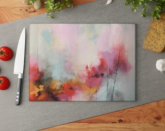 Decorative Serving Platter and Trivet, Heat Resistant Glass Counter Saver, Impressionist Art Charcuterie Board, Non-Slip Chopping Block