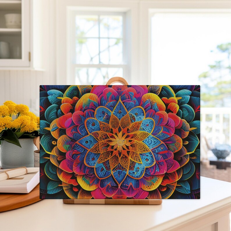Tempered Glass Cutting Board, Radiant Mandala Design, Cosmic Flower ...