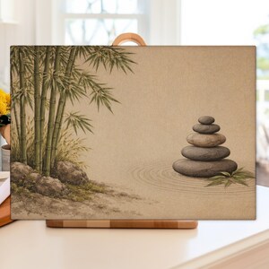 May include: A rectangular wooden cutting board with a zen garden design. The artwork features bamboo stalks, rocks, and a stack of stones. The background is a light brown color with water ripples.