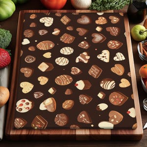 Puede incluir: Tabla de cortar rectangular con una superficie marrón oscuro, estampada con varios bombones en tonos marrones y crema. La tabla está rodeada por un marco de madera. Productos frescos y especias se disponen alrededor.