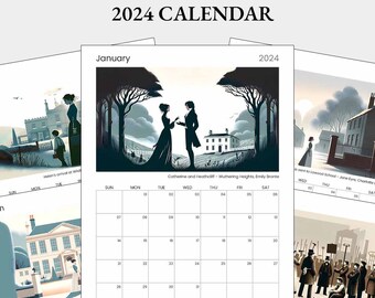 2024 Bronte Sisters Calendar, Printable Calendar with illustrations from Wuthering Heights, Jane Eyre etc. Bookish Calendar for Book Lovers.