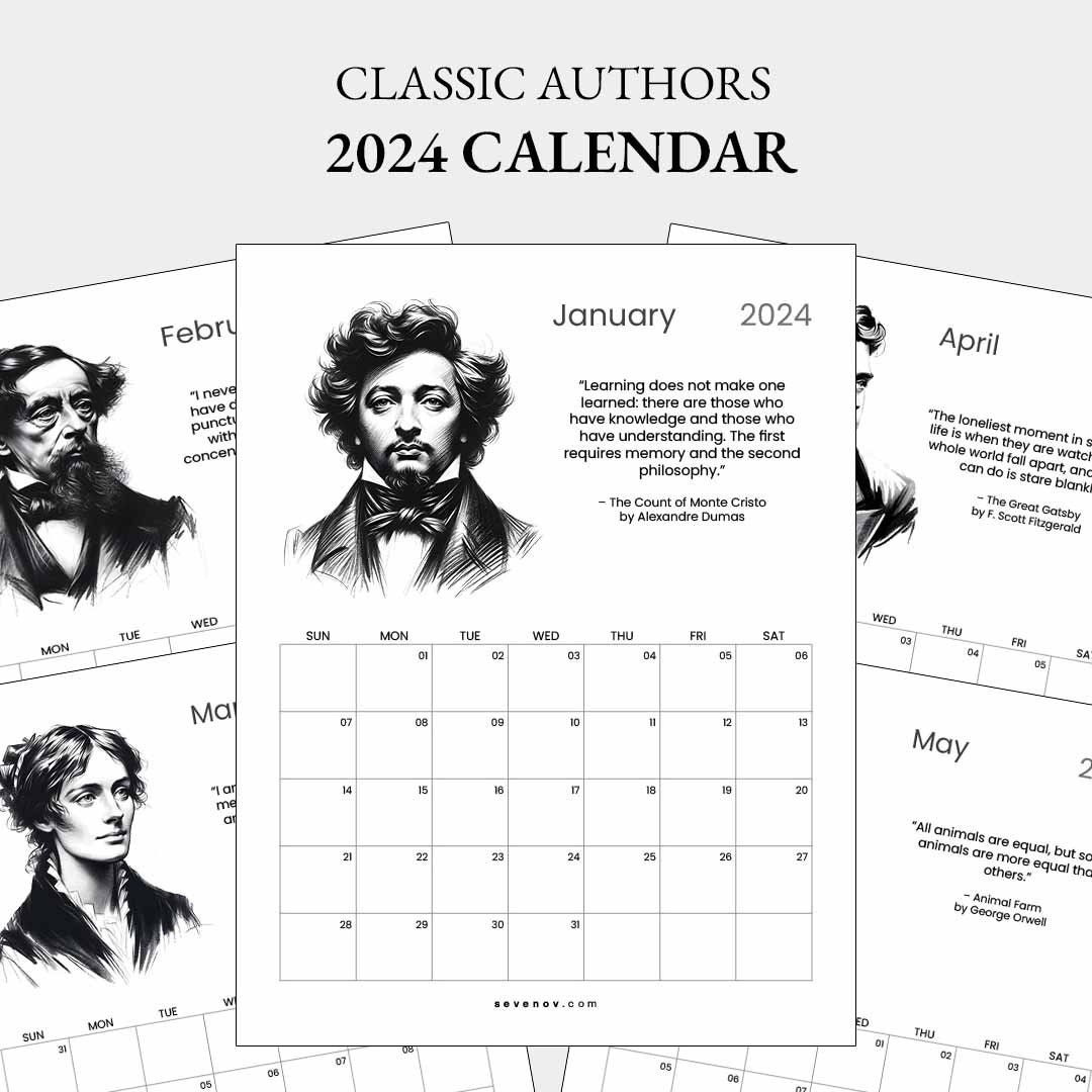 2024 Classic Authors Calendar, Printable Calendar With Quotes From