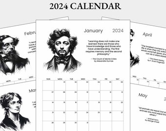 Klassieke auteurskalender 2024, afdrukbare kalender met citaten van Charles Dickens, Jane Austen etc. Leesachtige kalender voor boekenliefhebbers.
