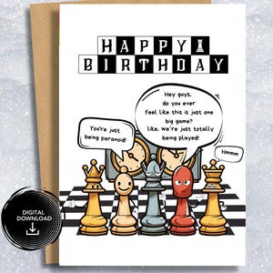 Cartão de aniversário de xadrez engraçado para impressão para jogadores de jogos de tabuleiro, cartão de felicitações digital para jogadores de xadrez, cartão de aniversário de marido e namorado nerd