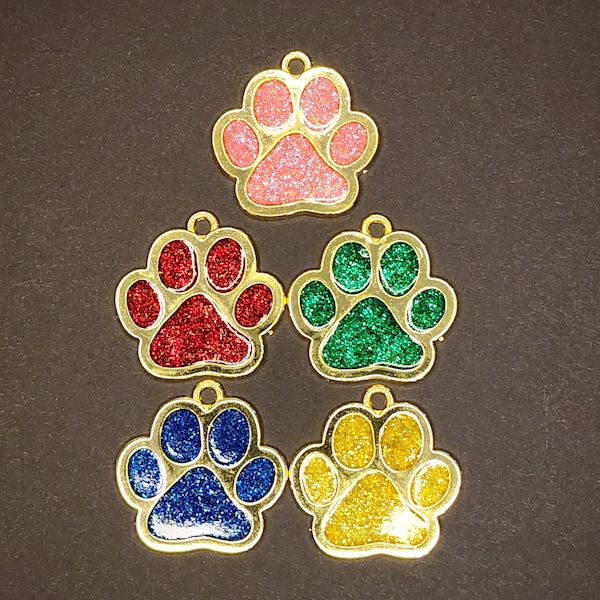 Gold colored with glitter paw shaped pet ID tags
