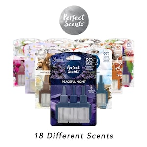 May include: A display of 18 different air freshener refills from the Perfect Scents brand. The refills are packaged in individual boxes with a variety of scents and designs. The boxes feature the brand name and the scent name. The refills are designed to eliminate odour and freshen the air. The text on the box reads "90 Days Eliminates Odour & Freshens".