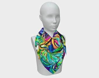 Bufanda de seda psicodélica 50x50 / Arte original dibujado a mano / Espiral floral arcoíris / Prismacolor / Bufanda cuadrada de arte para vestir