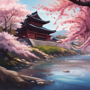 Oriental building nestled with pink trees and a calming stream, Asian art, asian decor, Asian wall art, oriental art, oriental wall art.