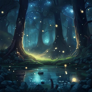 encantamiento resplandeciente de luciérnagas resplandecientes, volando en el bosque, producto digital, descarga digital, arte digital, impresión digital.