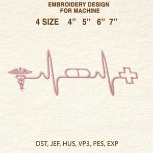 Puede incluir: Diseño de bordado rosa para máquina con temática médica. El diseño incluye un caduceo, una pastilla y una cruz, conectados por una línea de latido cardíaco. Disponible en 4 tamaños: 10.16 cm, 12.7 cm, 15.24 cm y 17.78 cm.