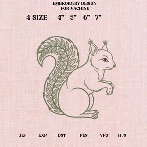 May include: An embroidery design for machine use featuring a stylized squirrel with a leafy tail. The design is in green thread on a pink background. Sizes available are 10.16cm, 12.7cm, 15.24cm, and 17.78cm. The image also displays file types: JEF, EXP, DST, PES, VP3, and HUS.