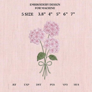 May include: An embroidery design for machine use, featuring a bouquet of pink hydrangea flowers with green leaves and stems tied with a bow. The design is available in 5 sizes, ranging from 3.8" to 7". The text at the top reads "EMBROIDERY DESIGN FOR MACHINE".