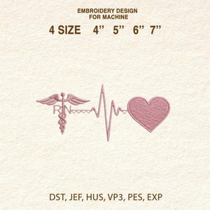Diseño de bordado a máquina de corazón y latido de caduceo de enfermera - Archivo digital para profesionales de la salud