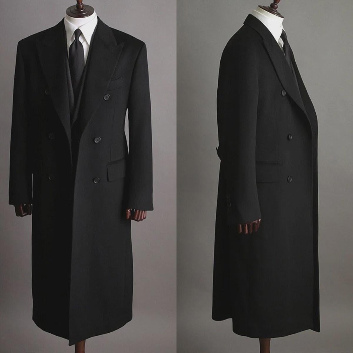 Men Long Overcoat Black Wool Blend Coat Business Outwear Double