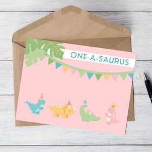Printable One-A-Saurus Cute Dinosaur Pink First Birthday Card (8.5x11in)