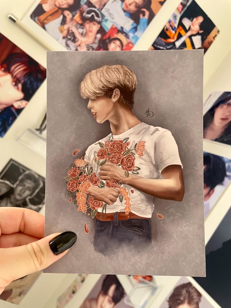 May include: A digital illustration of a person with blond hair holding a bouquet of orange and red roses. The person is wearing a white t-shirt and blue jeans.