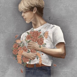 May include: A digital illustration of a person with blond hair holding a bouquet of red and orange roses. The person is wearing a white t-shirt and blue jeans.