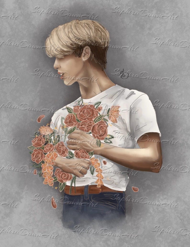 May include: A digital illustration of a person with blond hair holding a bouquet of red and orange roses. The person is wearing a white t-shirt and blue jeans.