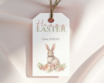Editable Easter Flowers Favor Tags, Bunny Gift Tags  Watercolor Rabbit Gift Label, Happy Easter gift label Download Printable Template Corjl