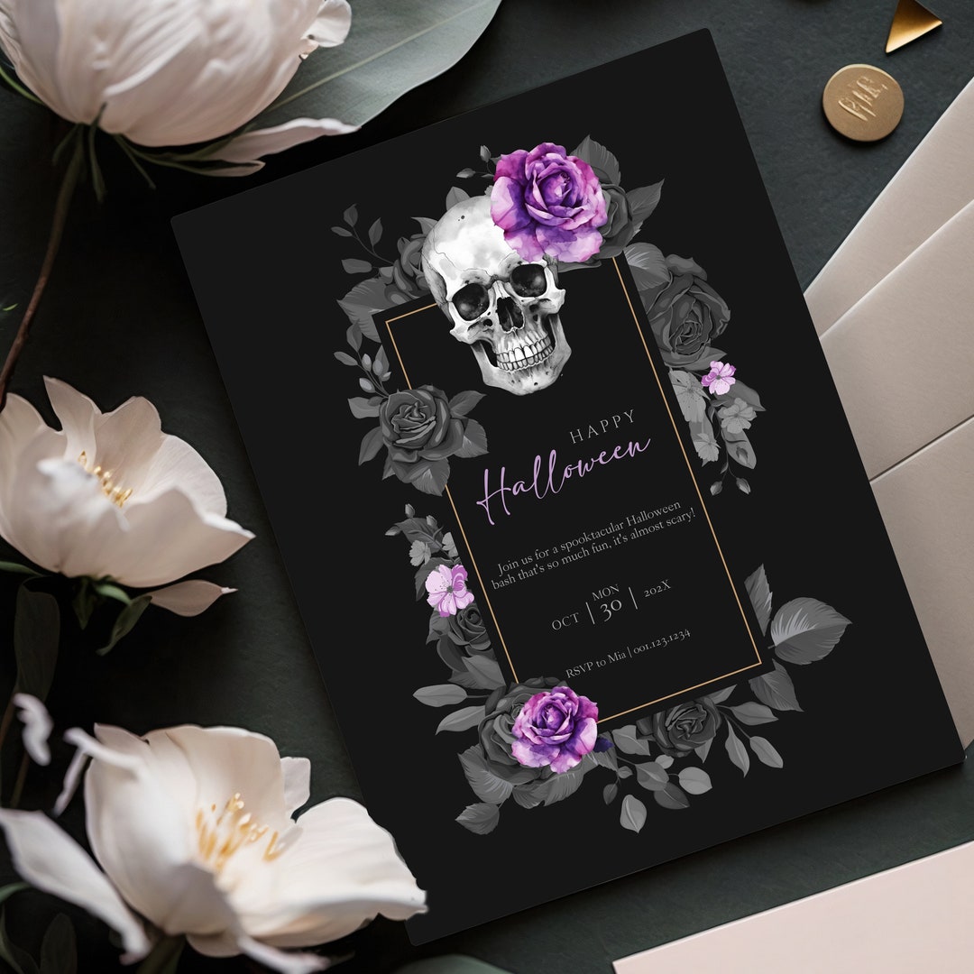 Editable Gothic Flowers Skull Invitation Halloween Spooky Black ...