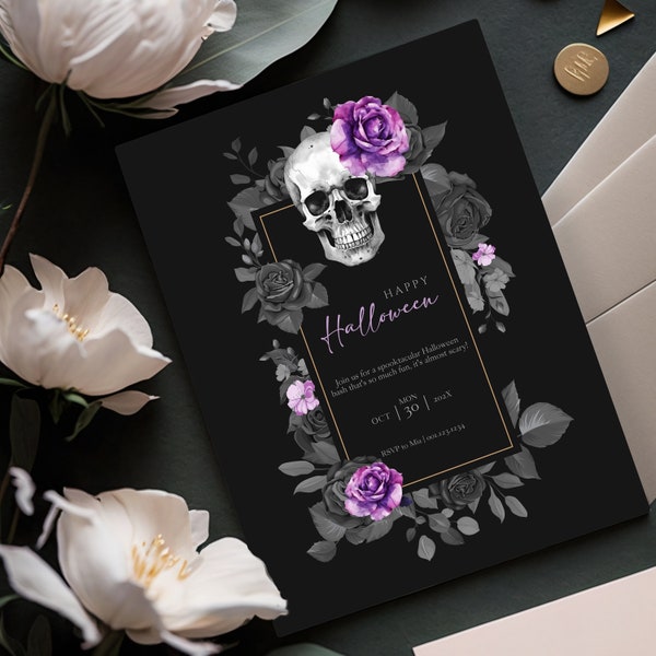 Editable Gothic Flowers Skull Invitation Halloween Spooky Black Invitation Gothic Halloween Party Download Printable Template Corjl