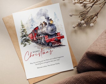 Printable Watercolor Christmas Card Template, Nostalgic Train in Winter Wonderland, Digital Design for Print and Phone with Evite Option